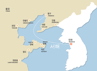 인천(대한민국)에서 영구(중국)로 이동하는 선박 항로이미지입니다.