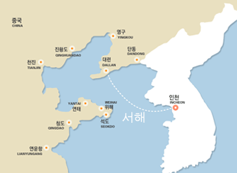 인천(대한민국)에서 대련(중국)로 이동하는 선박 항로이미지입니다.