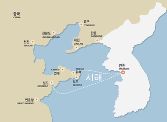 인천(대한민국)에서 위해(중국)와 인천(대한민국)에서 청도(중국)으로 이동하는 선박 항로이미지입니다.